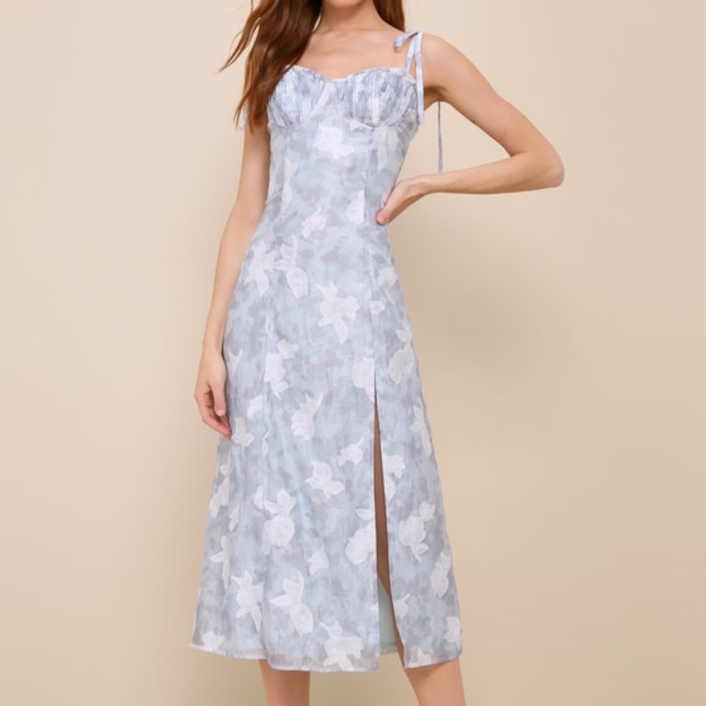 Lulus Obviously Gorgeous Blue Floral Tie-strap Bustier Midi Dress - Size XL